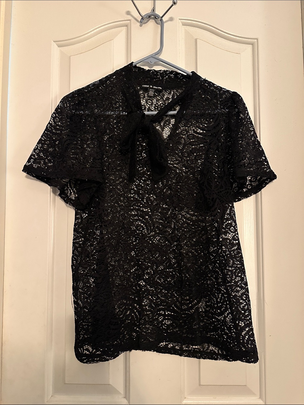 Cable & Gauge Black Lace Tie-Neck Blouse